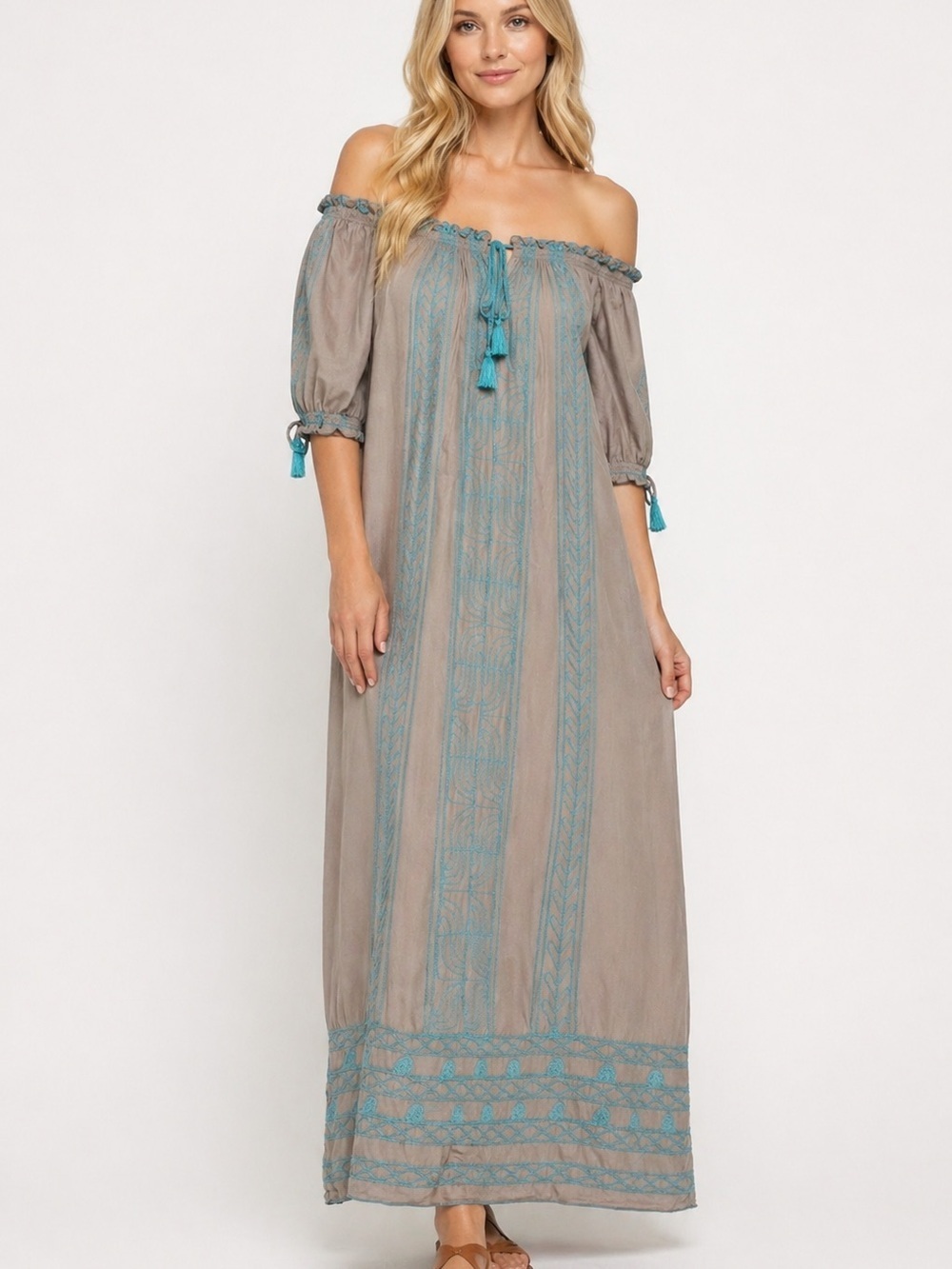 Poupette St Barth Off Shoulder Maxi Dress Taupe Teal Embroidered Boho Resort